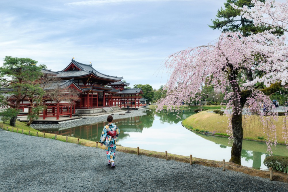 Femme avec kimonod evant le template temple byodo-in à uji de kyoto