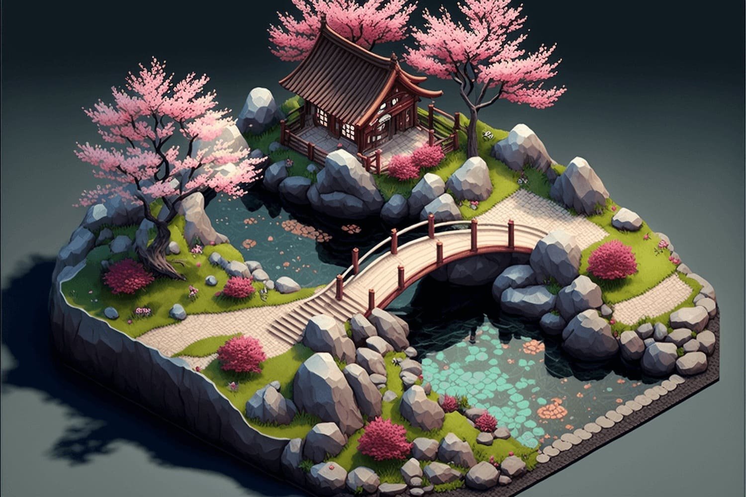 jardin japonais en vue isométrique