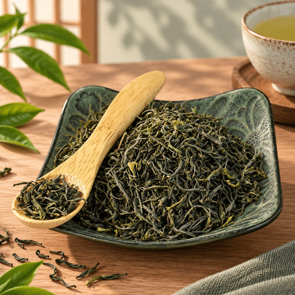 Thé vert Super Mao Jian en coupelle, avec une cuillère en bois