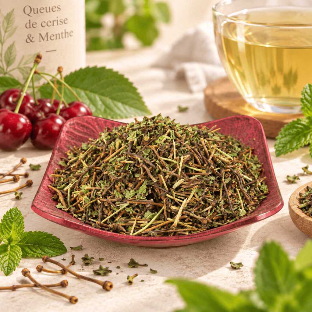 Tisane de queues de cerise à la menthe en coupelle, avec des cerises et des feuilles de menthe