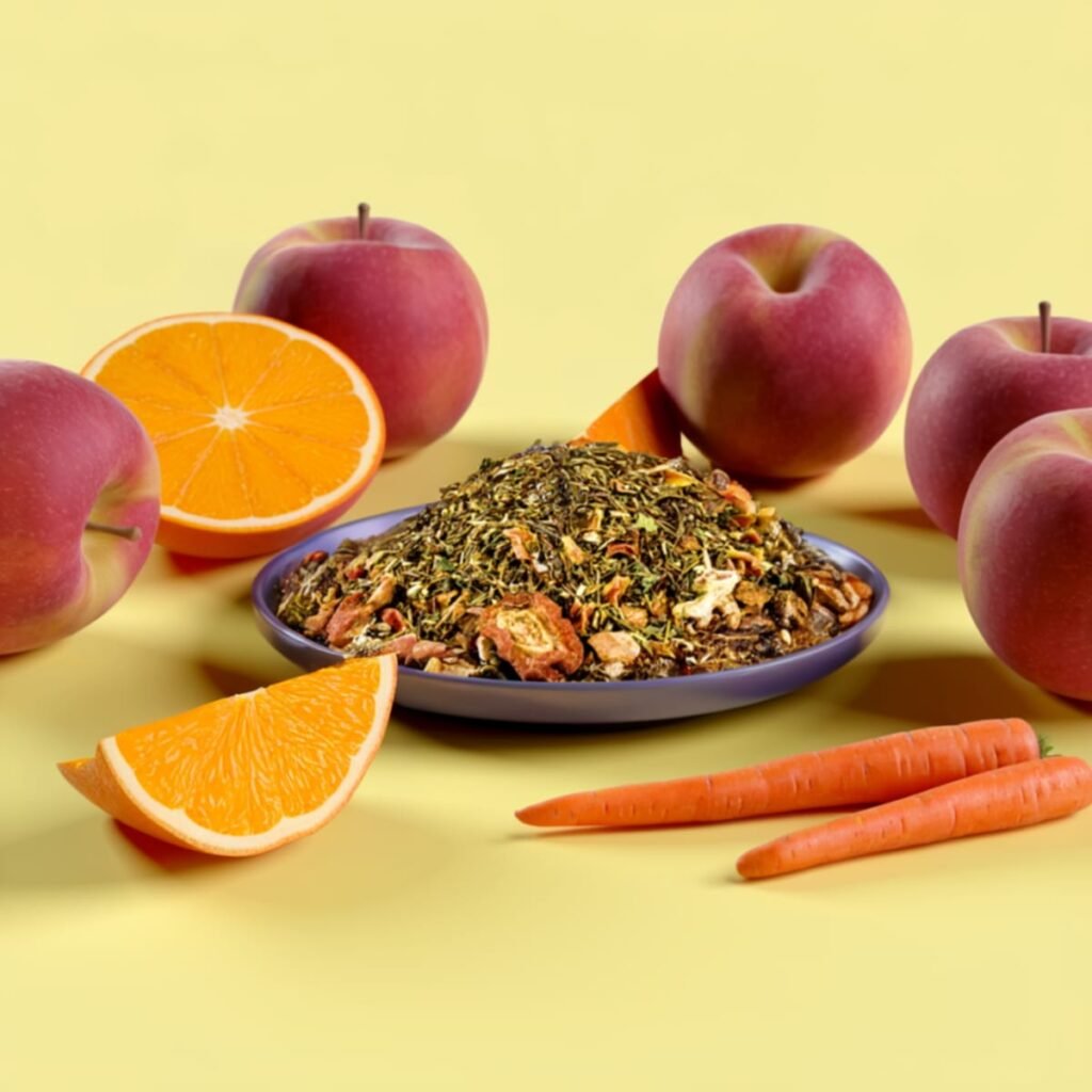 Rooibos vert Carotte Orange Rooibos vert Carotte Orange et pommes posées sur une table jaune