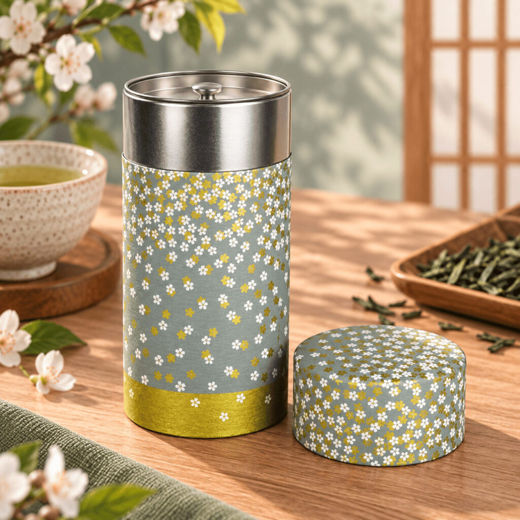Boîte à thé japonaise Amaya à fleurs blanches sur fond vert-de-gris, avec son couvercle