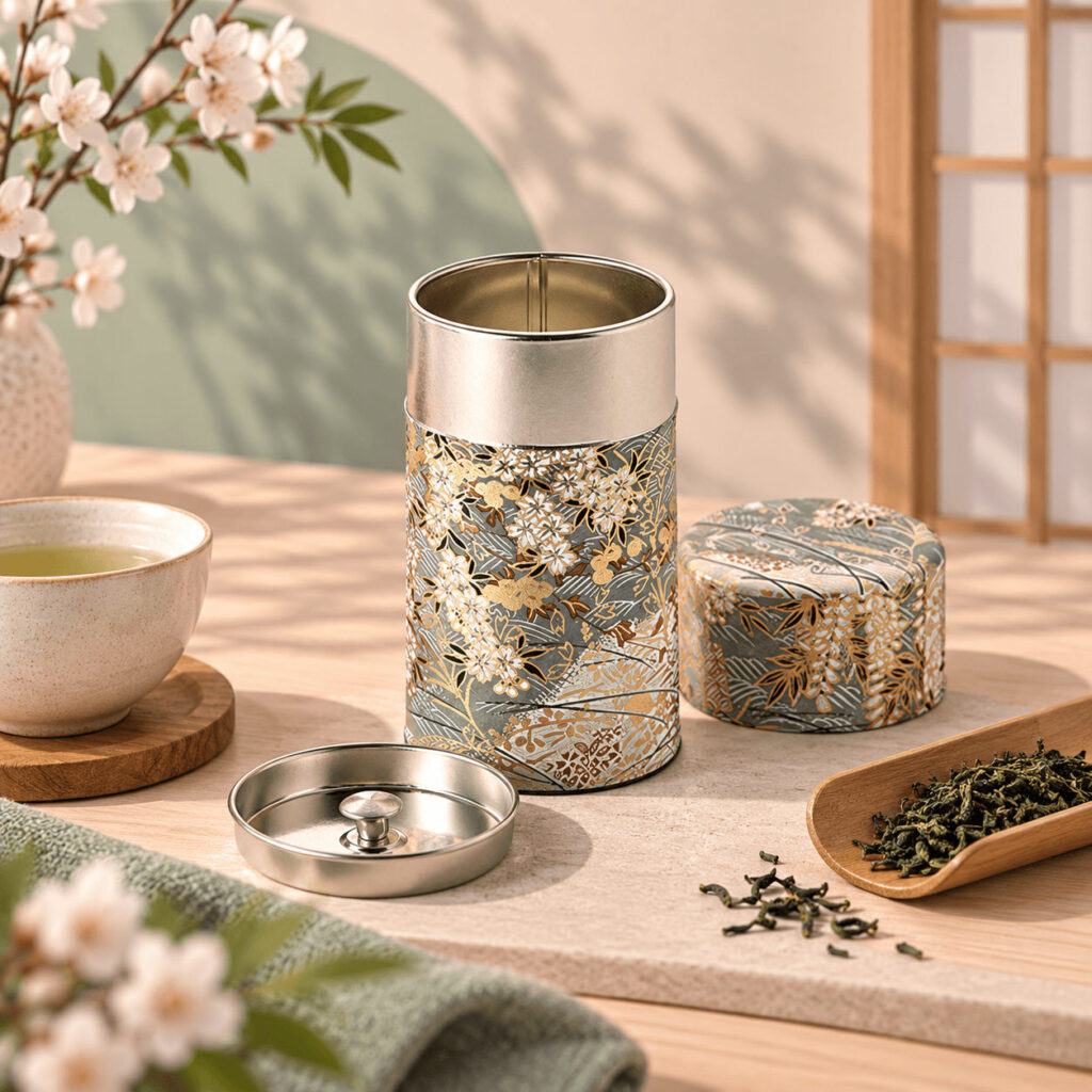 Boîte à thé en papier washi Kyoko, argentée à motifs floraux, avec son couvercle intérieur