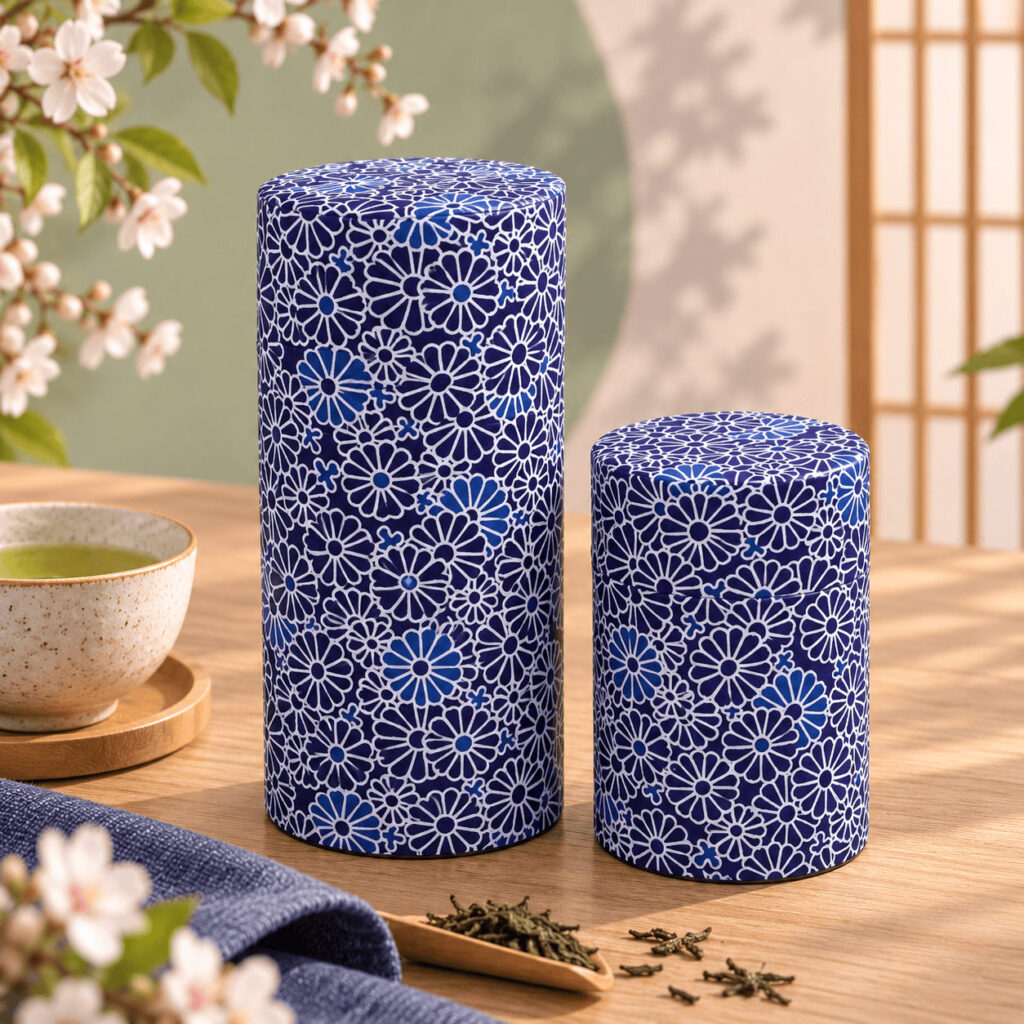 Latas de té de papel washi Lumi con motivos florales azules, en formato grande y pequeño