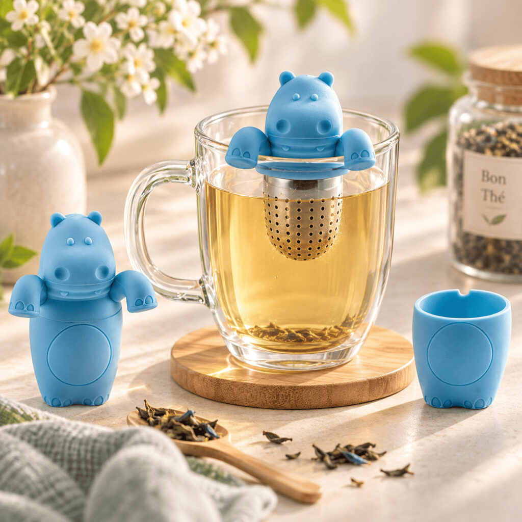Infuseur hippopotame en silicone bleu posé sur le bord d’une tasse de thé, avec son socle