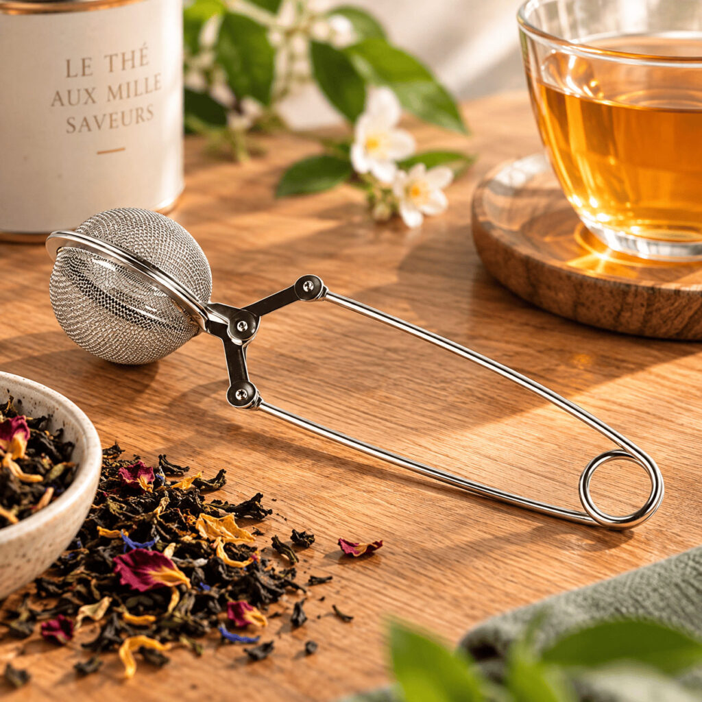 Boule à thé tamis en inox à pince, posée à côté de thé en vrac et d'une tasse de thé