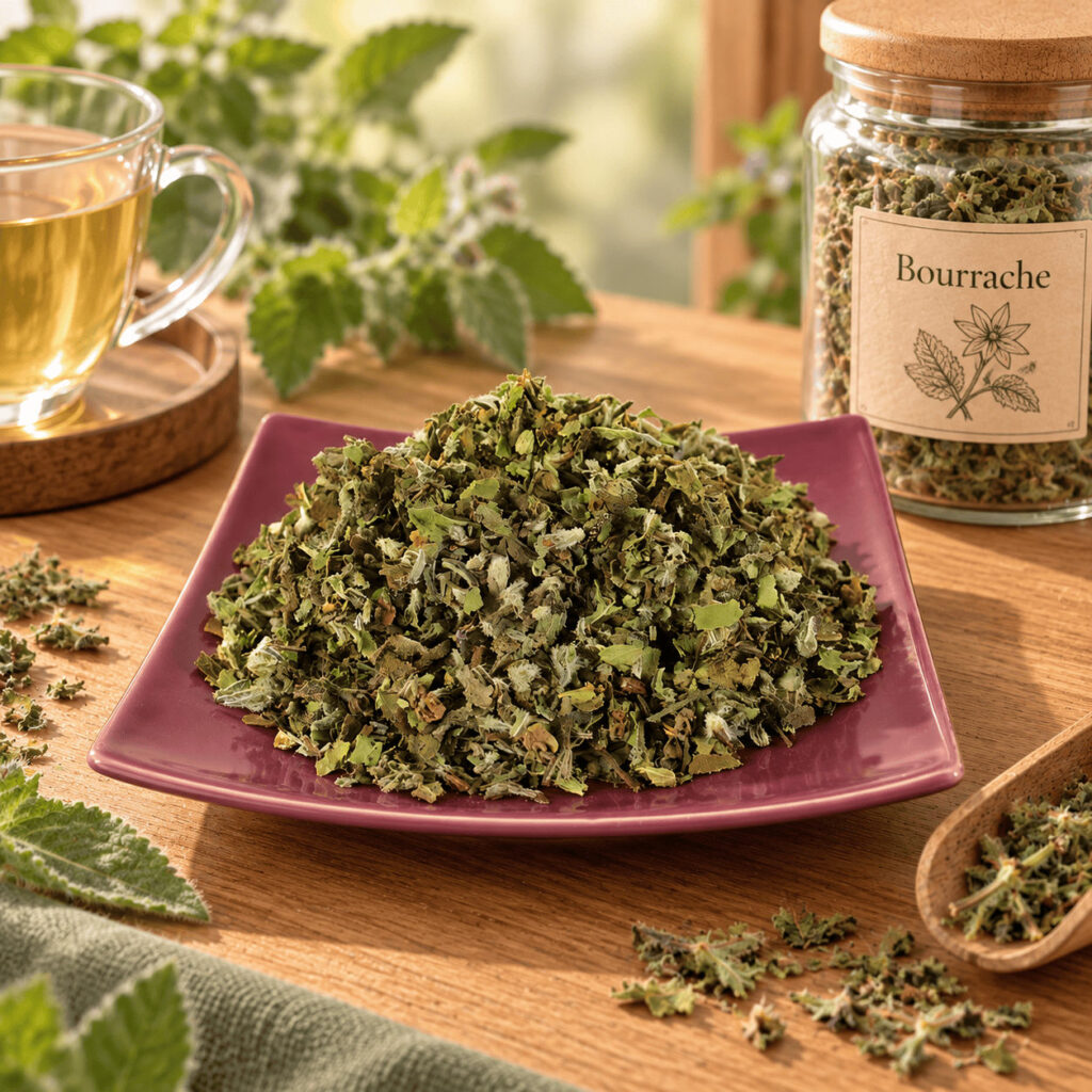 Bourrache séchée pour tisane, présentée en coupelle à côté d’un bocal