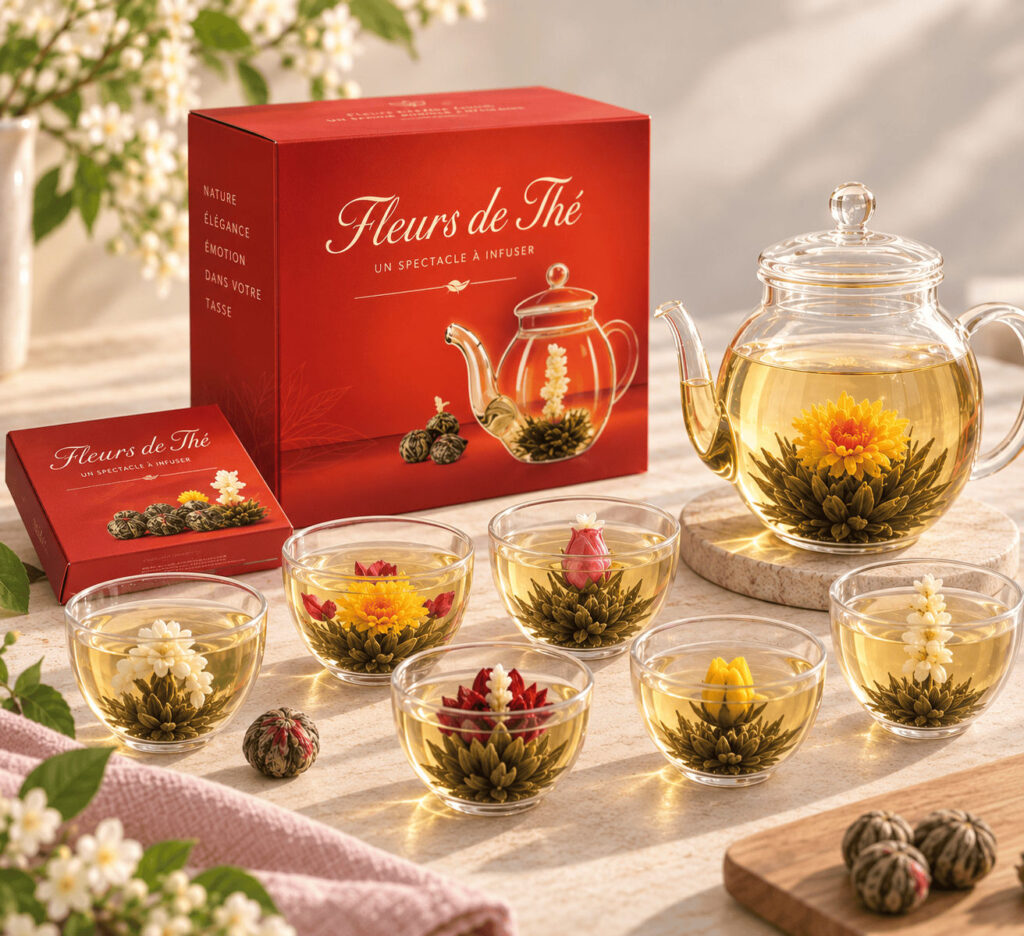 Coffret de fleurs de thé blanc, avec une théière en verre et des fleurs épanouies dans des tasses