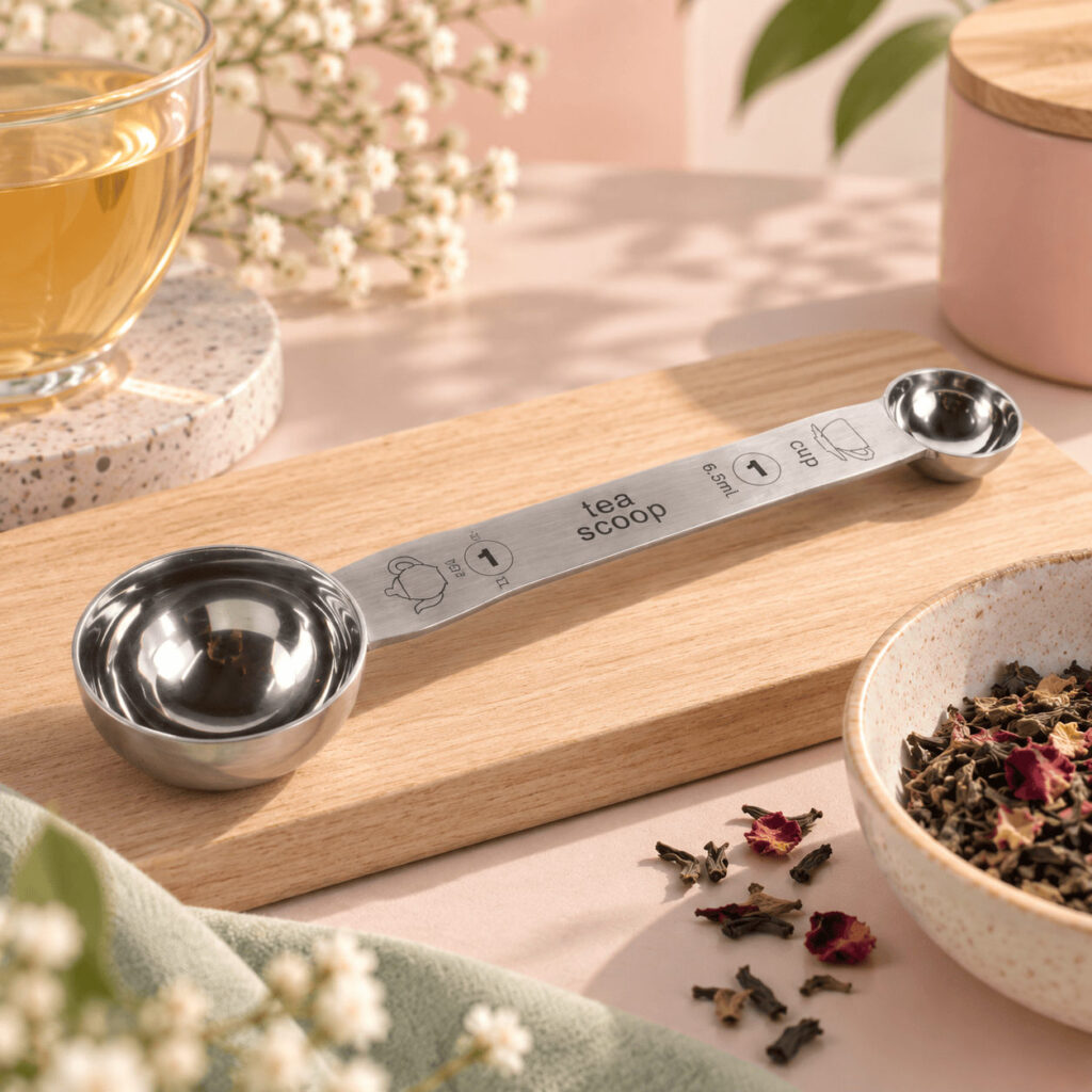 Cuillère doseuse double en inox sur une planche en bois, à côté de thé en vrac