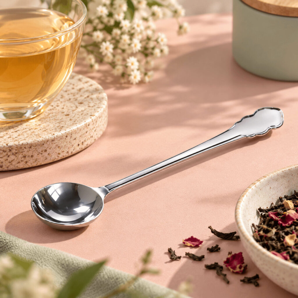Cuillère mesure à thé en inox posée sur une table, à côté de thé en vrac