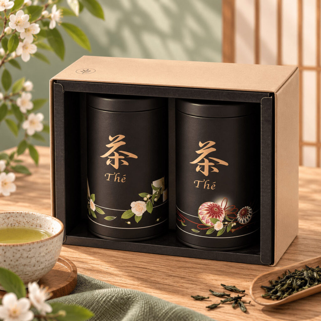 Duo de boîtes à thé Anakusa noires dans leur coffret