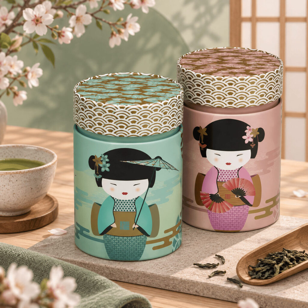 Duo de boîtes à thé Geisha turquoise et rose, décorées de poupées japonaises