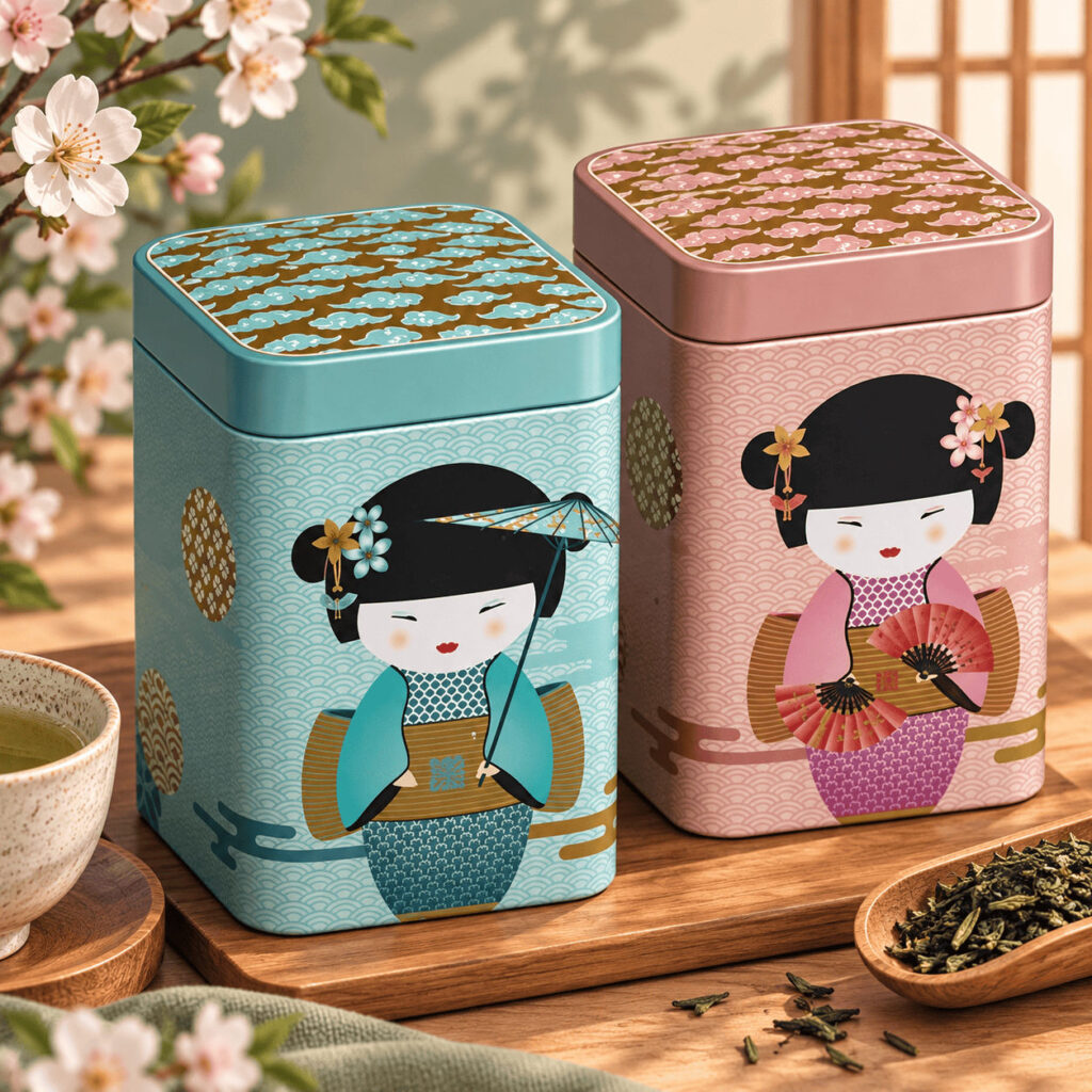 Duo de boîtes à thé carrées Geisha turquoise et rose, décorées de poupées japonaises