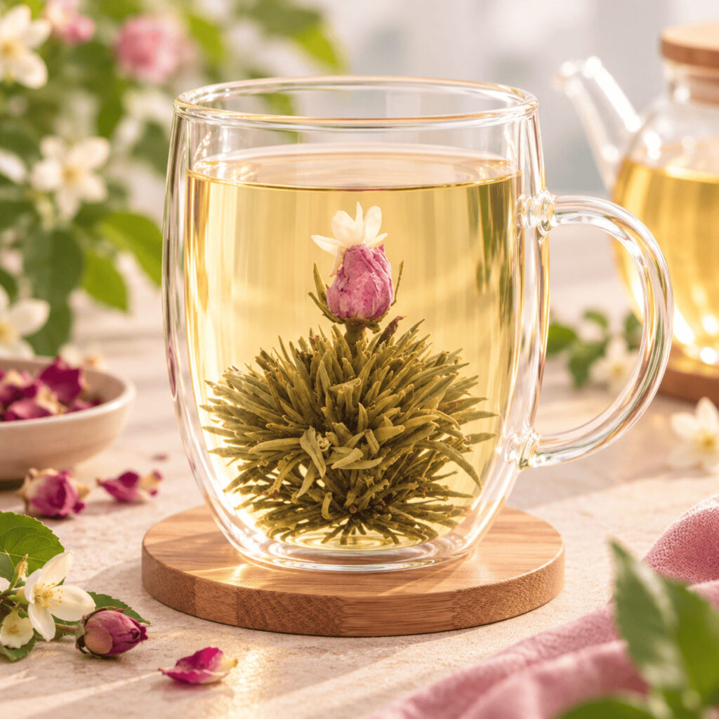 Fleur de thé Jewel Droplet épanouie dans une tasse en verre