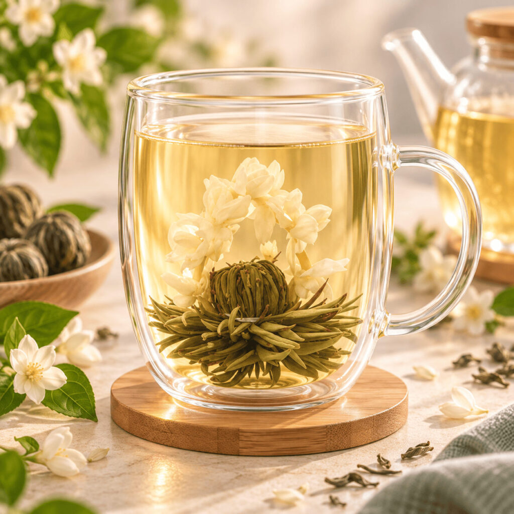 Fleur de thé Silver Wedding épanouie dans une tasse en verre