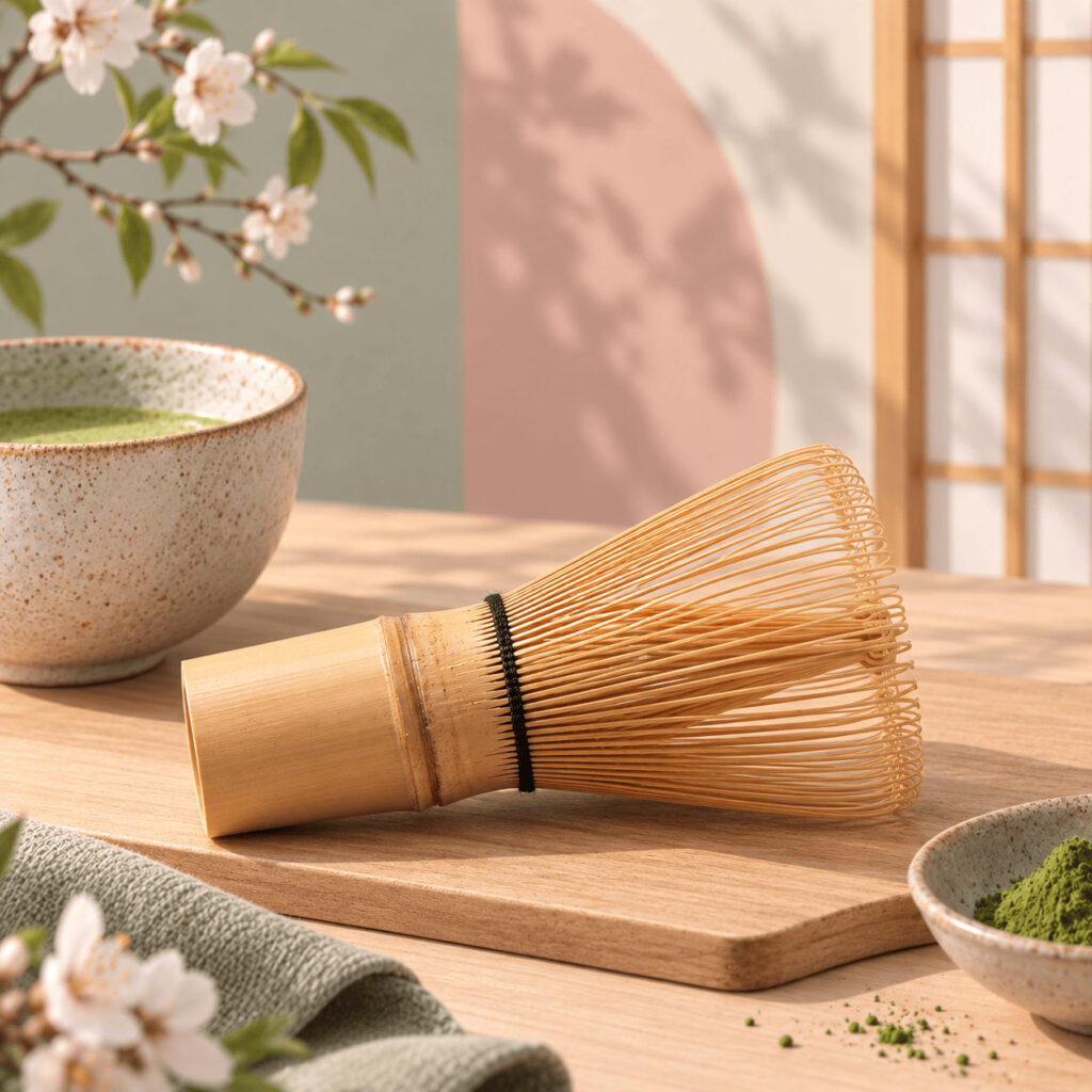 Fouet à matcha en bambou posé sur une table, à côté d’un bol de matcha