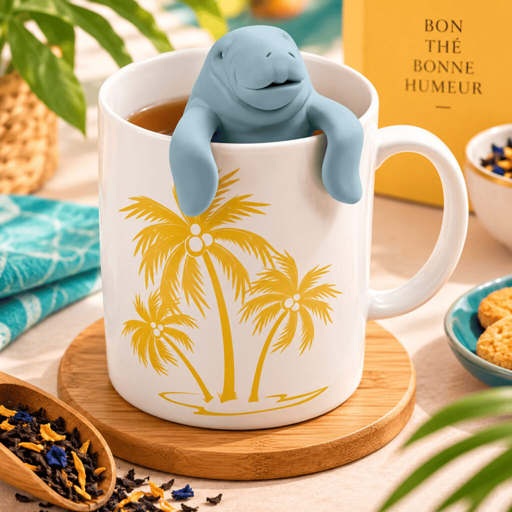 Infuseur Mana Tea en forme d'éléphant de mer, accroché au bord d'un mug de thé