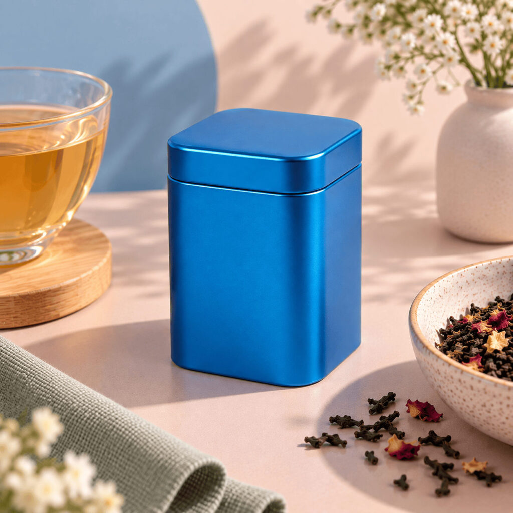 Mini boîte à thé métallique bleue Lili, à côté d’une tasse de thé