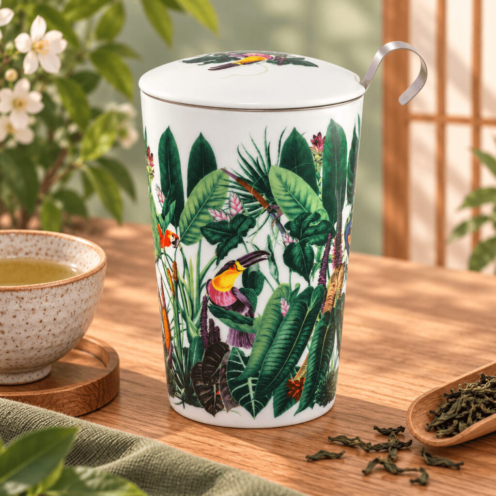 Mug à thé Rainforest décoré de feuillages tropicaux et d’oiseaux, avec son couvercle