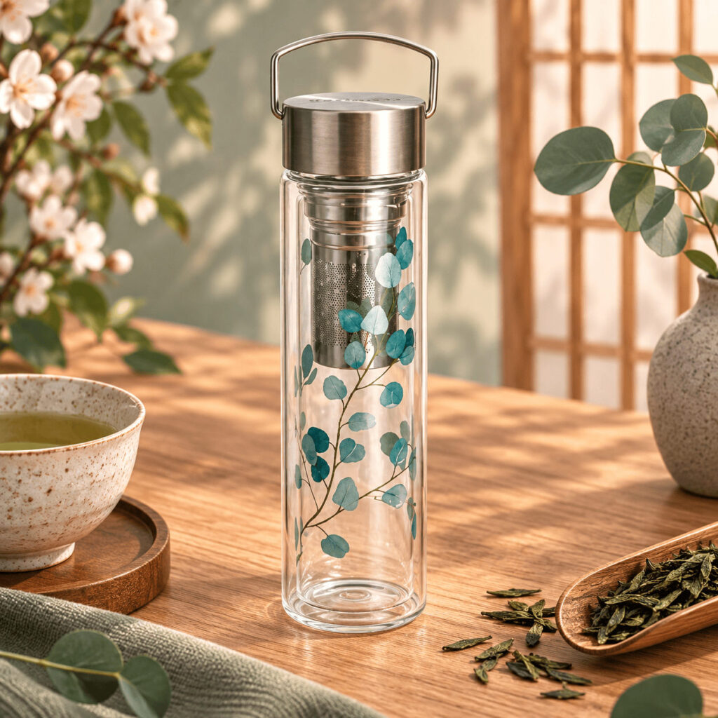 Mug thermos en verre décoré de feuilles d’eucalyptus, avec son infuseur