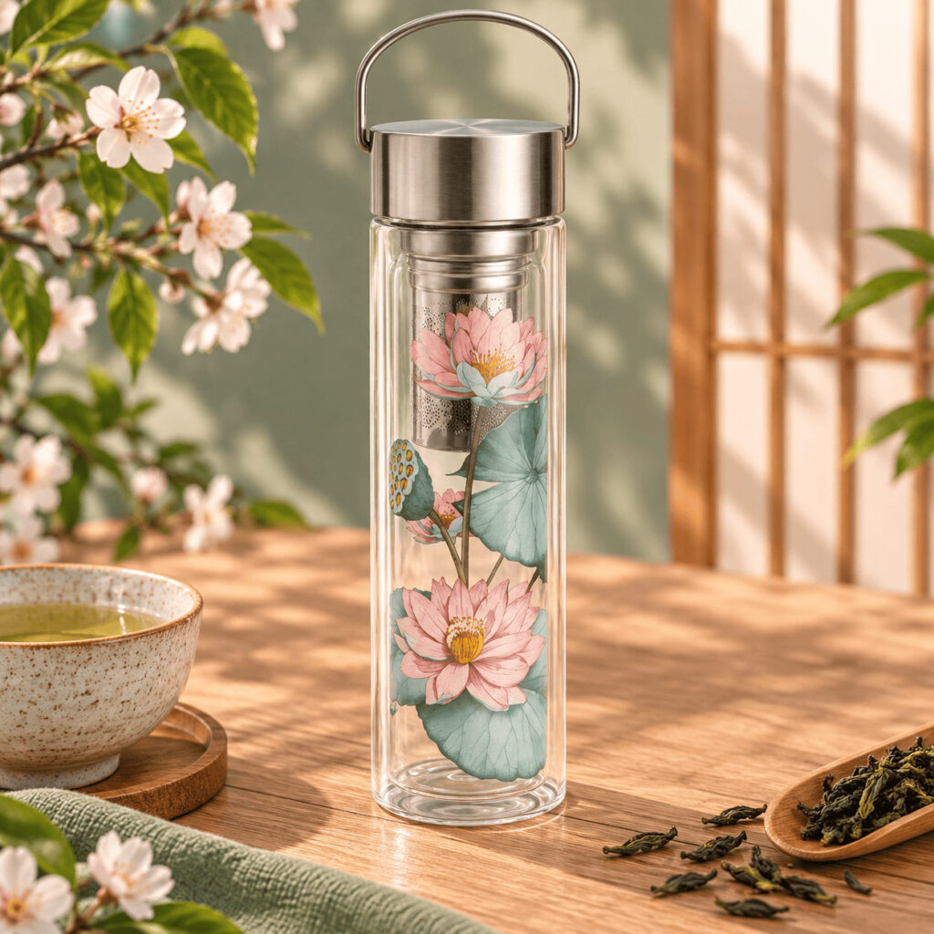 Mug thermos en verre décoré de nénuphars, avec son infuseur