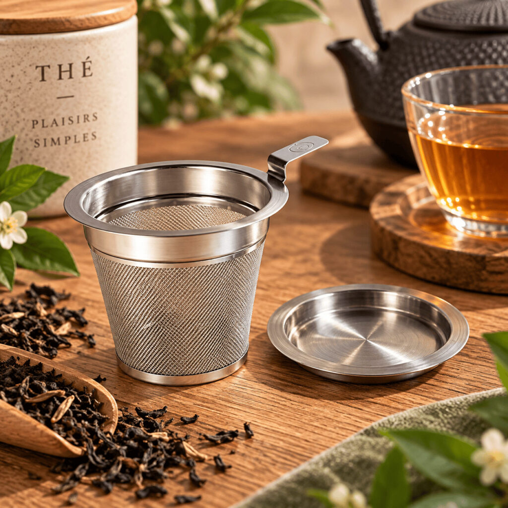 Passe-thé en inox pour mug et son couvercle, posés sur une table en bois près d'une tasse de thé