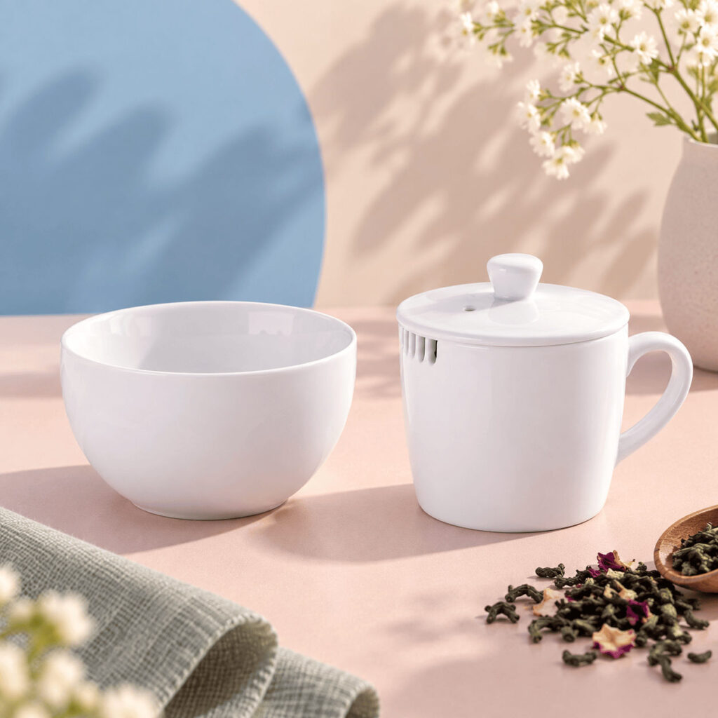 Set de dégustation de thé professionnel en porcelaine blanche : bol et tasse à couvercle