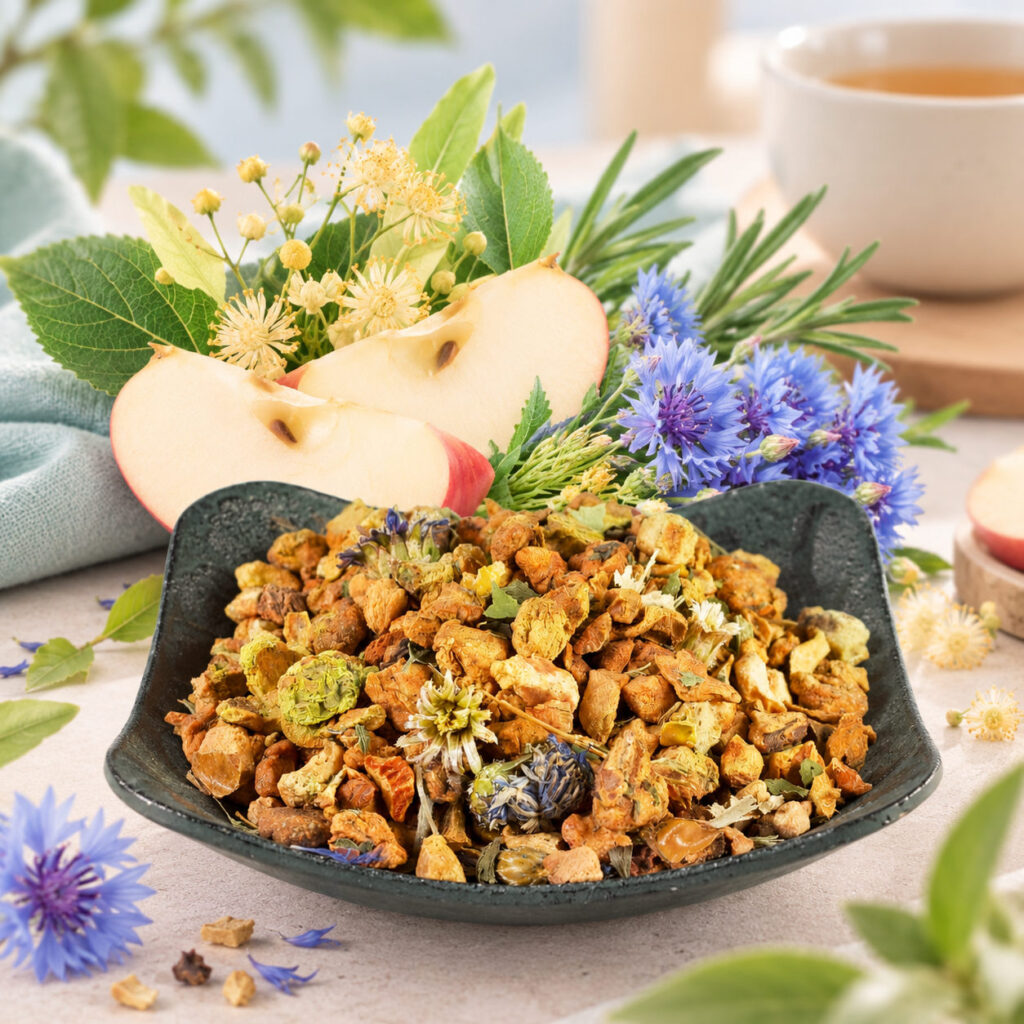 Tisane des Montagnes en coupelle, avec pomme, bleuets, fleurs de tilleul et romarin
