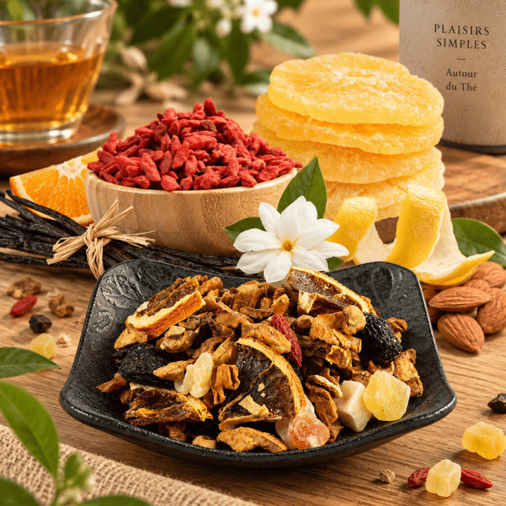 Tisane d'Hiver au Goji en coupelle, entourée de baies de goji, d'ananas séché, d'amandes et de gousses de vanille