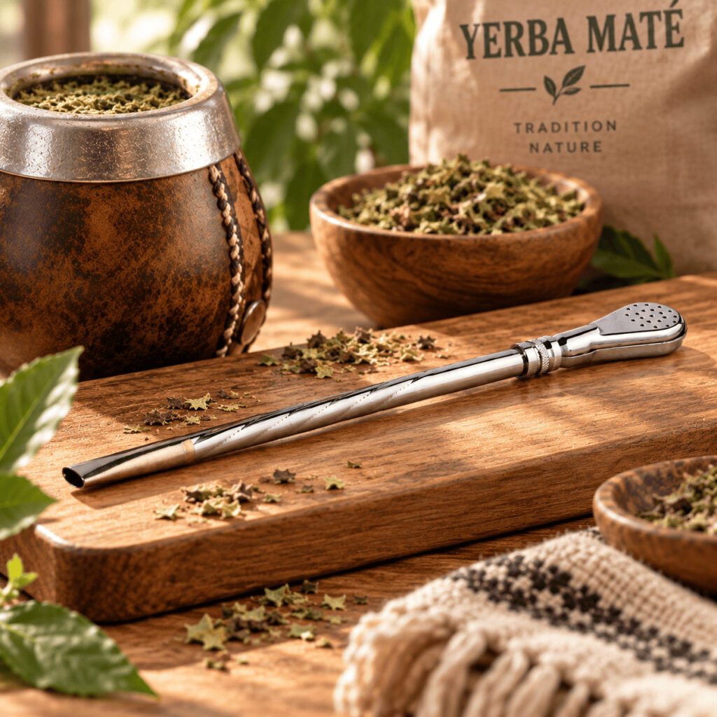 Bombilla en inox posée devant une calebasse de yerba maté