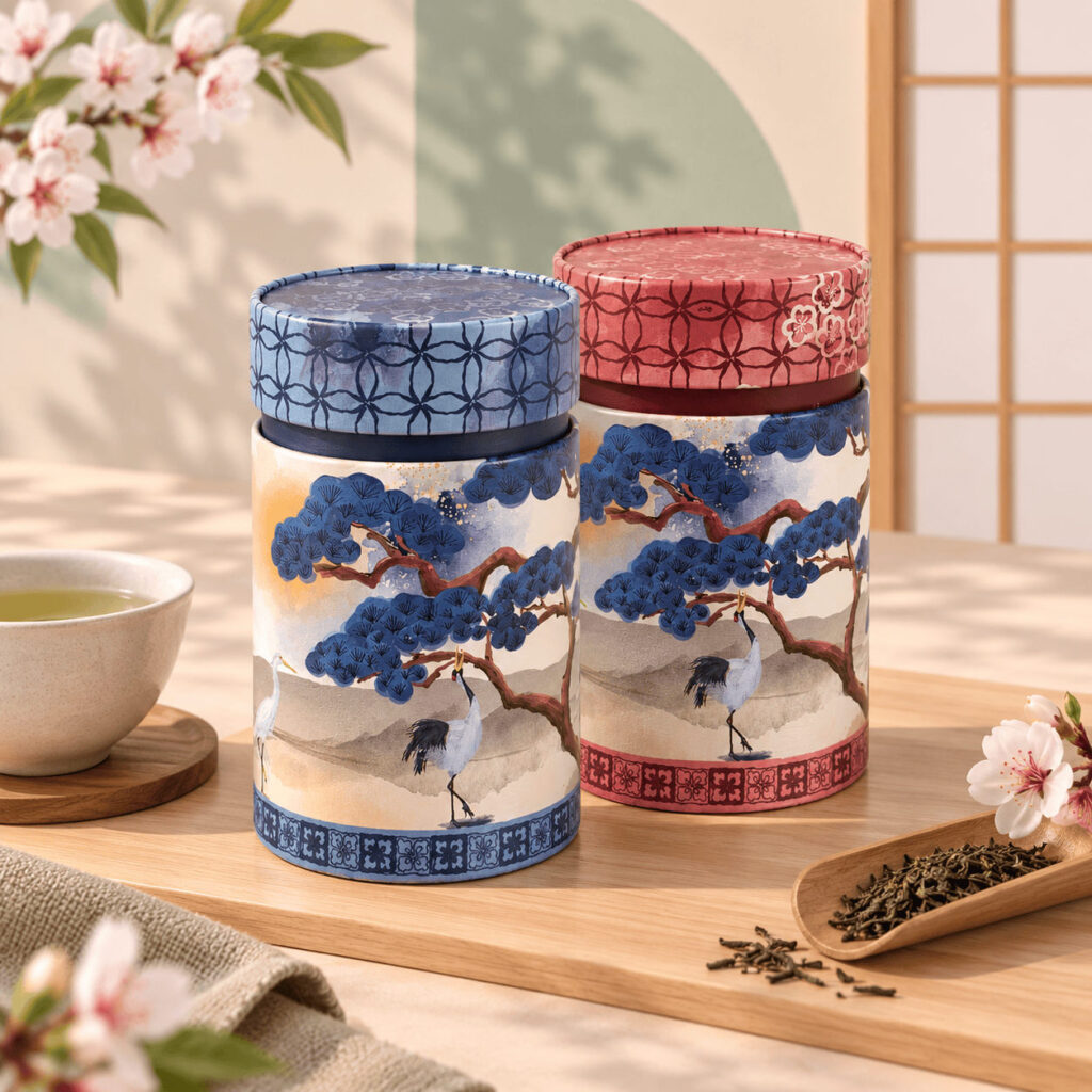 Duo de boîtes à thé Niwaki bleue et rouge, décorées d’arbres japonais