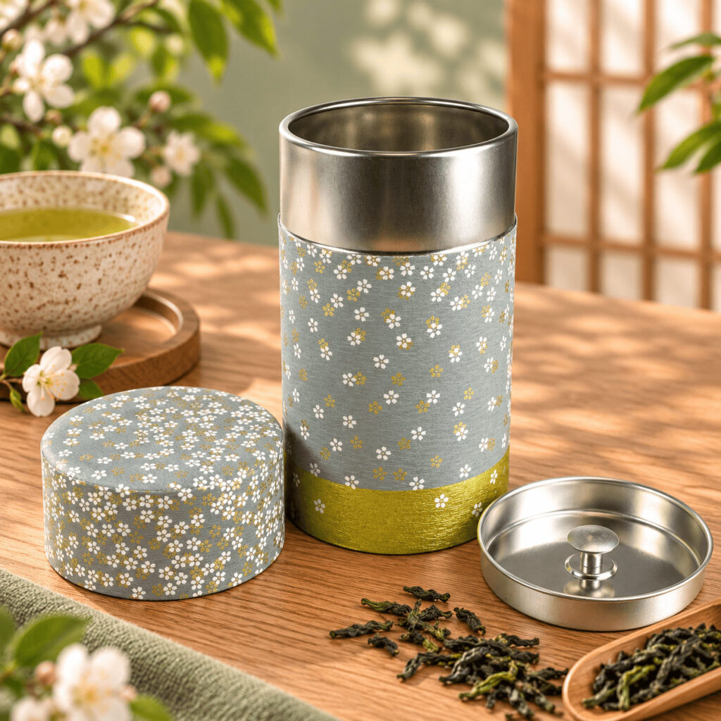 Petite boîte à thé japonaise Amaya à fleurs blanches, avec son couvercle intérieur