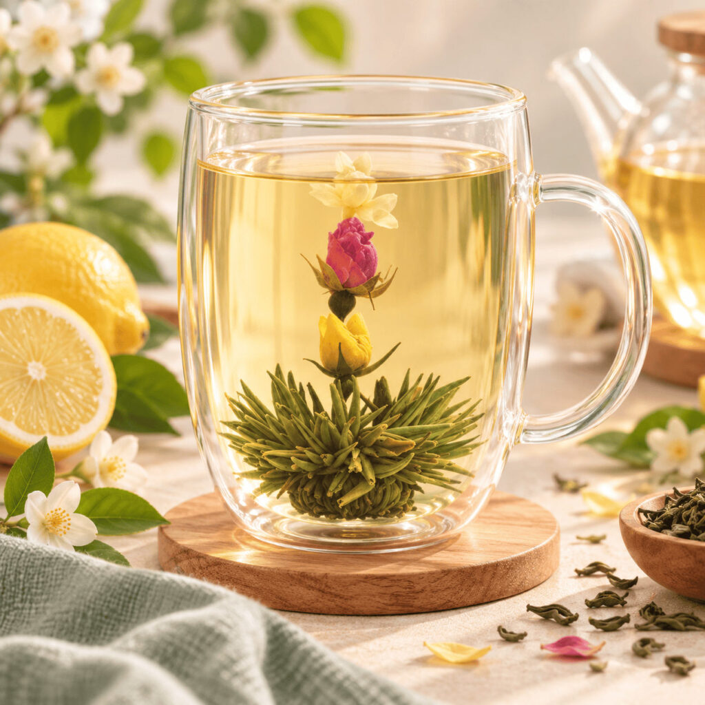 Fleur de thé Citron épanouie dans une tasse en verre, à côté de citrons