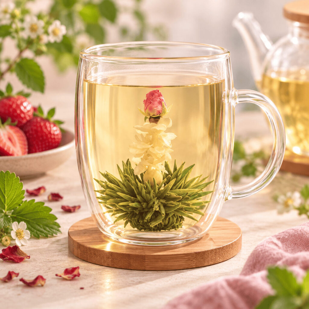 Fleur de thé Fraise épanouie dans une tasse en verre, à côté de fraises
