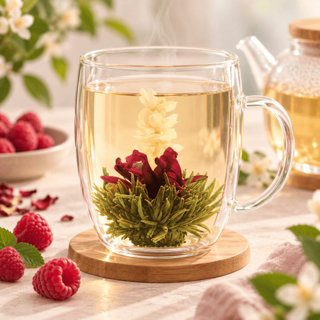 Fleur de thé Framboise épanouie dans une tasse en verre, à côté de framboises fraîches