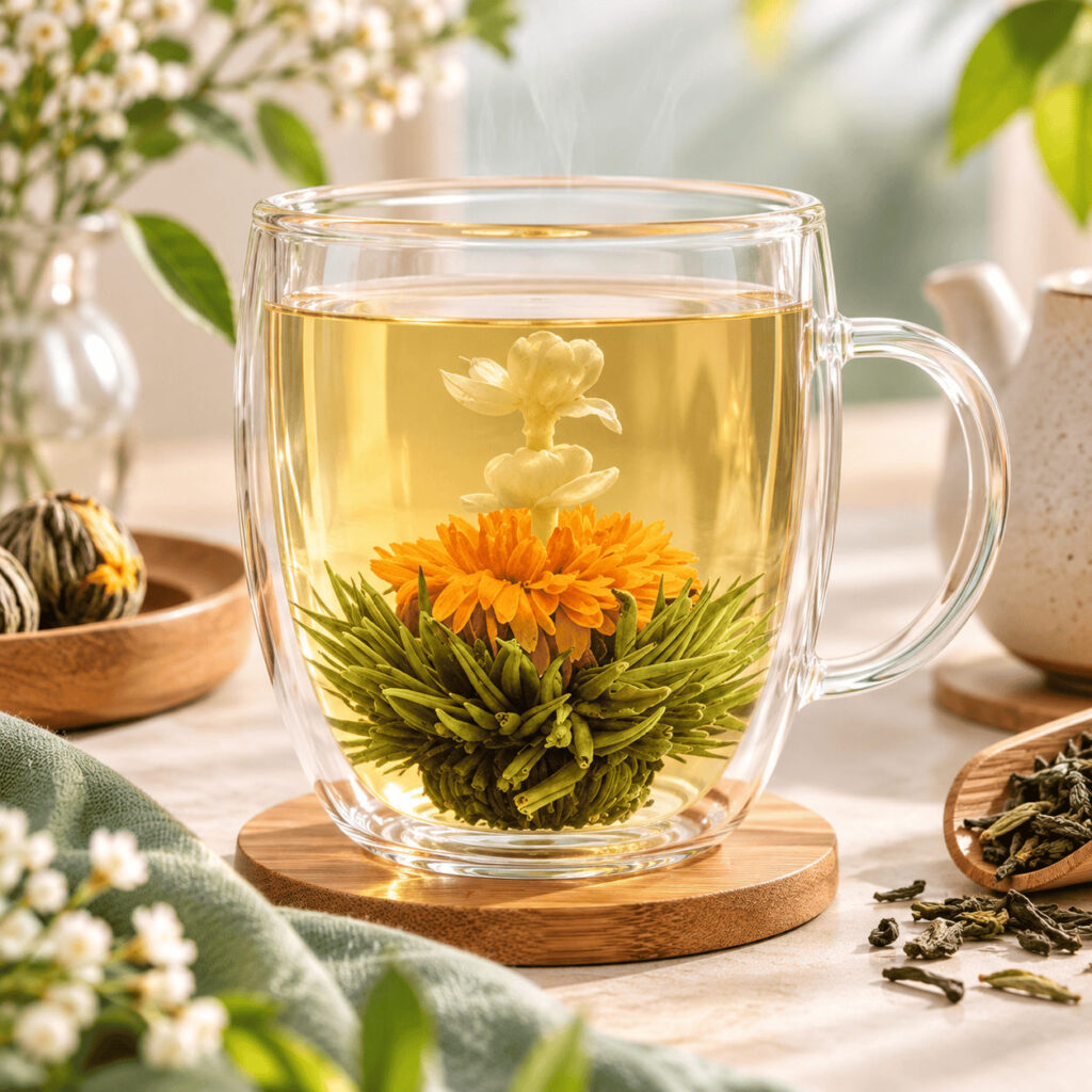 Flor de té Melocotón abierta en una taza de vidrio