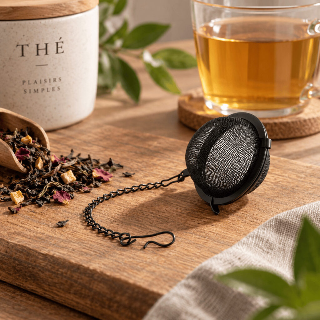 Boule à thé noire en acier inoxydable posée sur une planche en bois, à côté de thé en vrac et d’une tasse